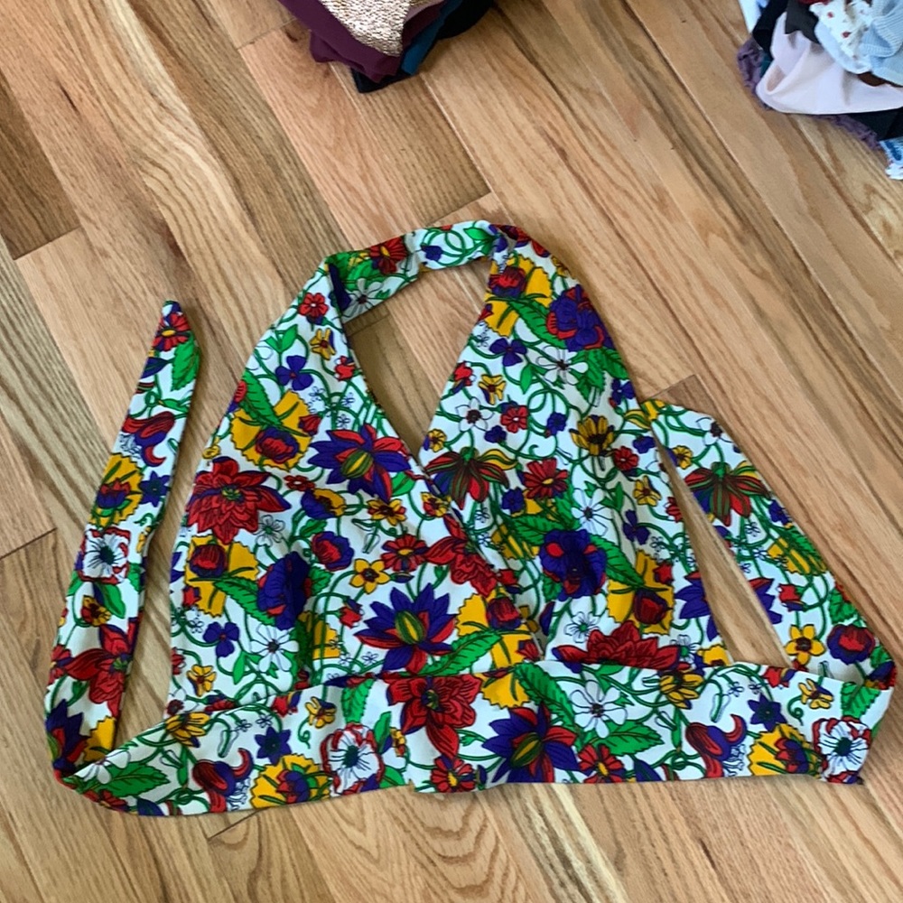 Vintage halter, open back floral print top